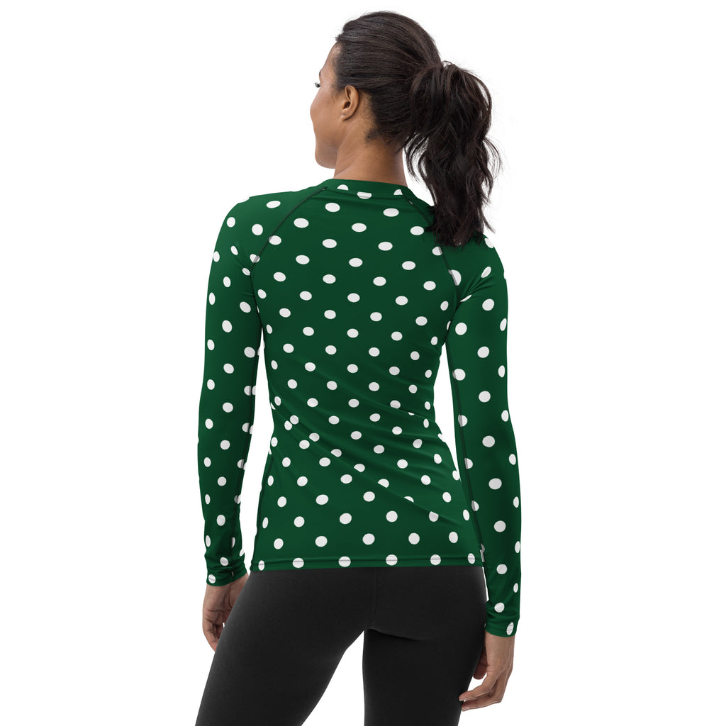 Women's Forest Green Polka Dot Long Sleeve Rash Guard Swim Shirt – Buttery Soft, Sun Safe UPF 50+ Protection, Quick Dry & 4-Way Stretch Comfort