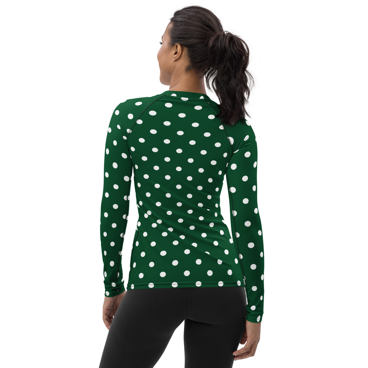 Women's Forest Green Polka Dot Long Sleeve Rash Guard Swim Shirt – Buttery Soft, Sun Safe UPF 50+ Protection, Quick Dry & 4-Way Stretch Comfort