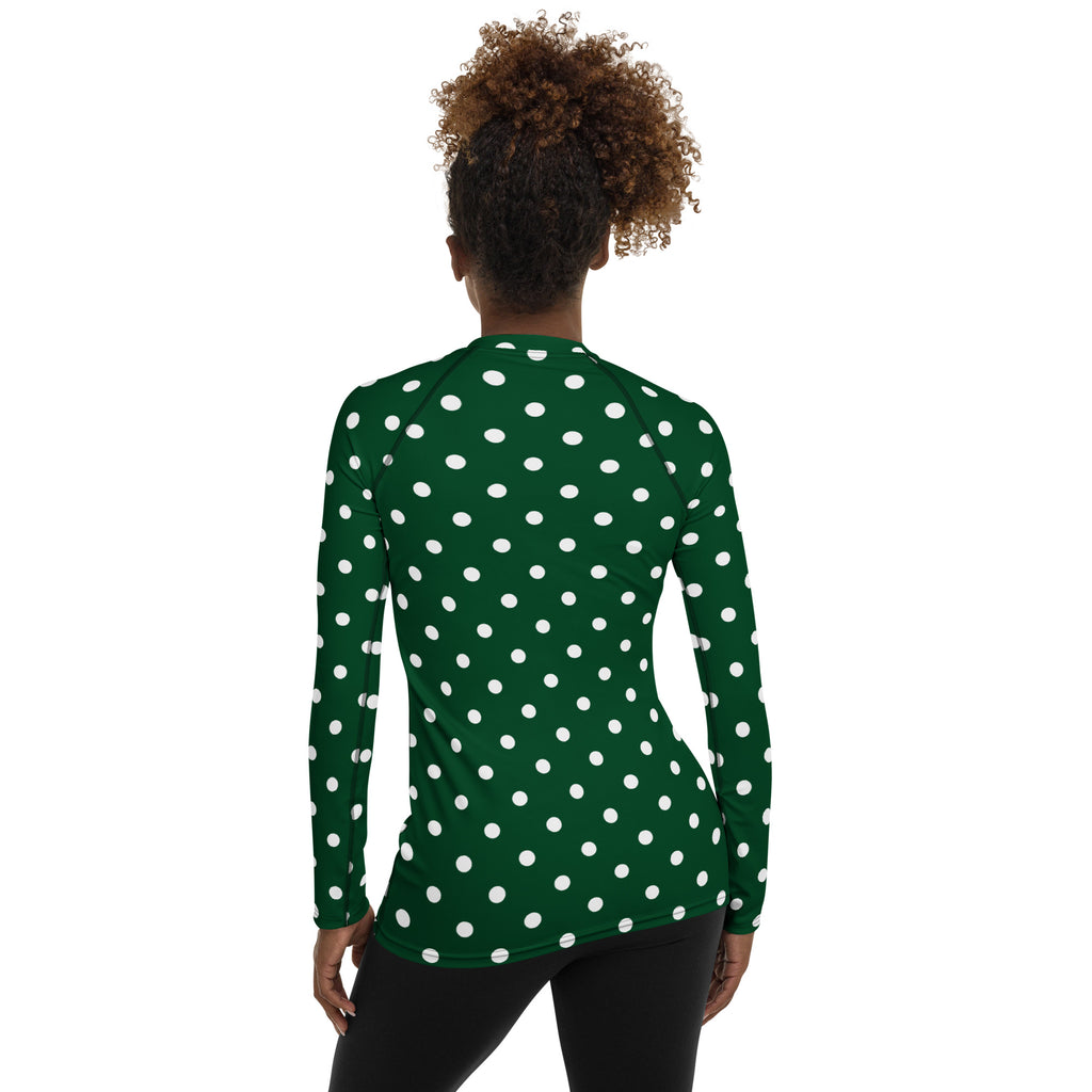 Women's Forest Green Polka Dot Long Sleeve Rash Guard Swim Shirt – Buttery Soft, Sun Safe UPF 50+ Protection, Quick Dry & 4-Way Stretch Comfort