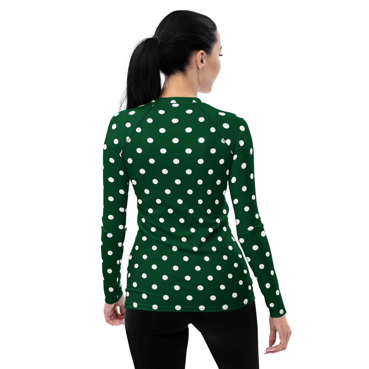 Women's Forest Green Polka Dot Long Sleeve Rash Guard Swim Shirt – Buttery Soft, Sun Safe UPF 50+ Protection, Quick Dry & 4-Way Stretch Comfort