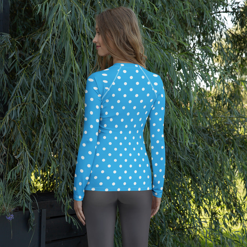 Women's Sky Blue Polka Dot Long Sleeve Rash Guard Swim Shirt – Buttery Soft, Sun Safe UPF 50+ Protection, Quick Dry & 4-Way Stretch Comfort