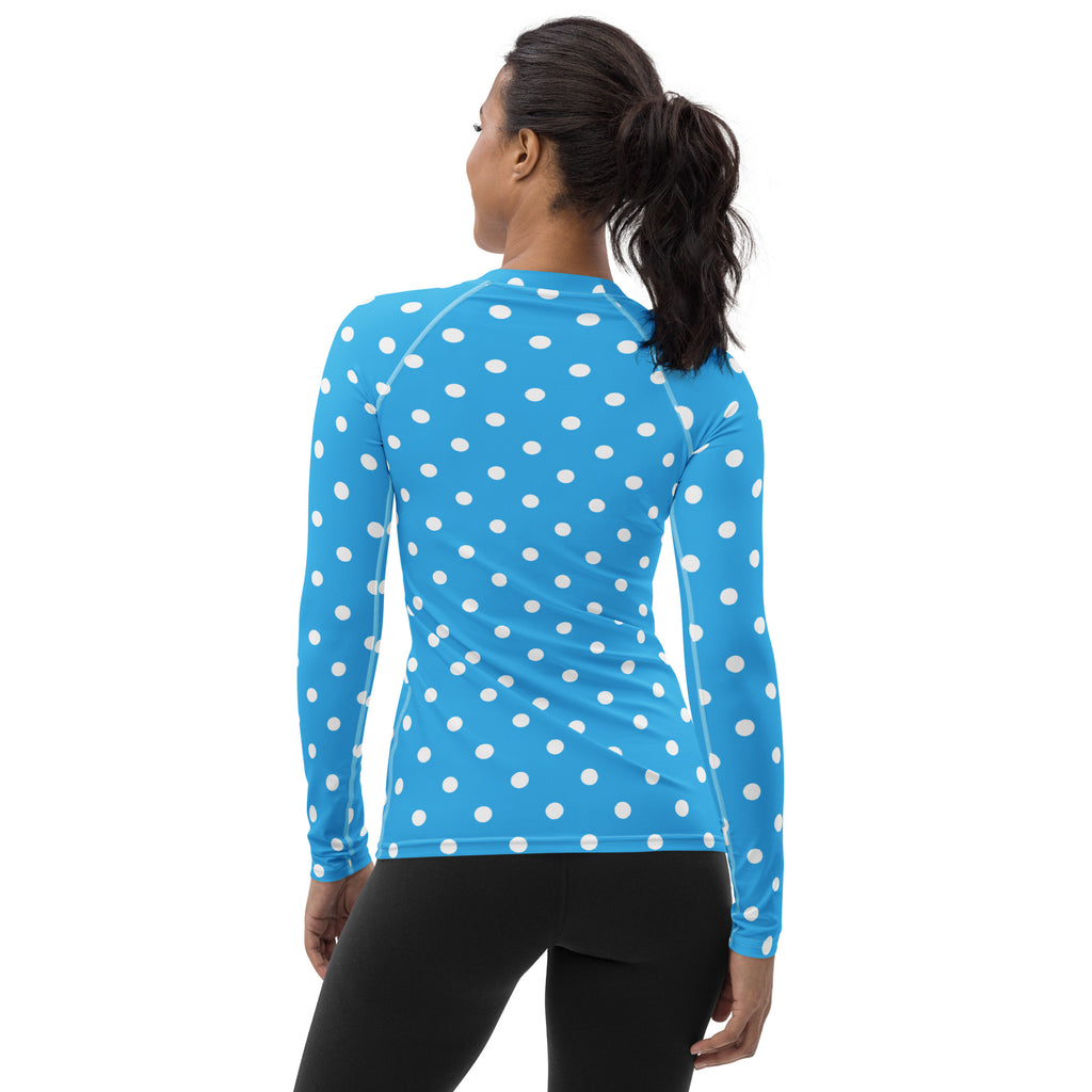 Women's Sky Blue Polka Dot Long Sleeve Rash Guard Swim Shirt – Buttery Soft, Sun Safe UPF 50+ Protection, Quick Dry & 4-Way Stretch Comfort