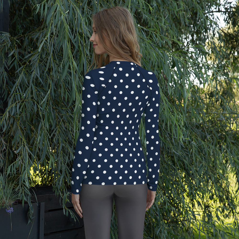 Women's Navy Blue Polka Dot Long Sleeve Rash Guard Swim Shirt – Buttery Soft, Sun Safe UPF 50+ Protection, Quick Dry & 4-Way Stretch Comfort