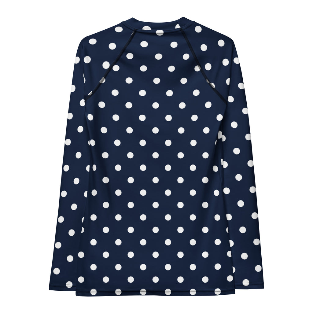 Women's Navy Blue Polka Dot Long Sleeve Rash Guard Swim Shirt – Buttery Soft, Sun Safe UPF 50+ Protection, Quick Dry & 4-Way Stretch Comfort