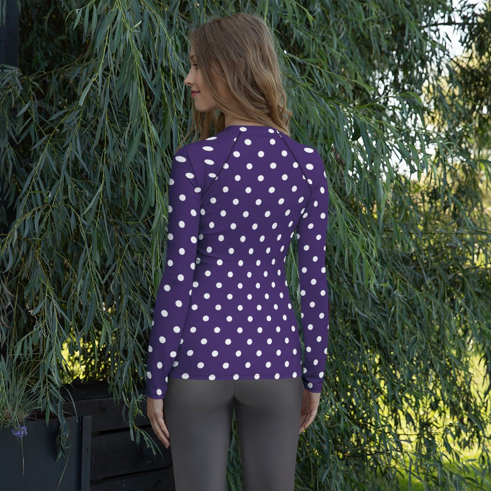 Women's Dark Purple Polka Dot Long Sleeve Rash Guard Swim Shirt – Buttery Soft, Sun Safe UPF 50+ Protection, Quick Dry & 4-Way Stretch Comfort