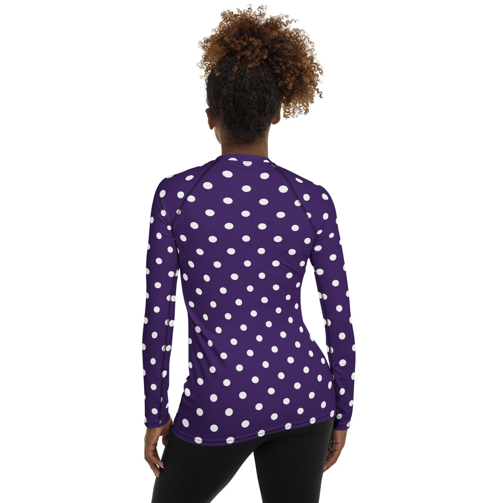 Women's Dark Purple Polka Dot Long Sleeve Rash Guard Swim Shirt – Buttery Soft, Sun Safe UPF 50+ Protection, Quick Dry & 4-Way Stretch Comfort