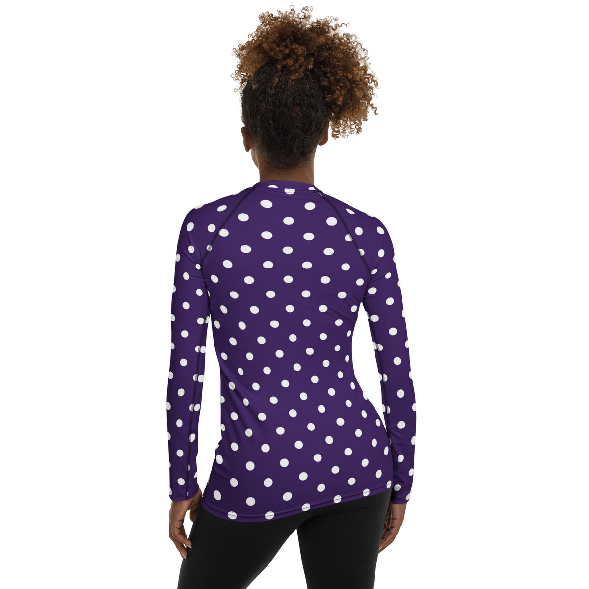 Women's Dark Purple Polka Dot Long Sleeve Rash Guard Swim Shirt – Buttery Soft, Sun Safe UPF 50+ Protection, Quick Dry & 4-Way Stretch Comfort