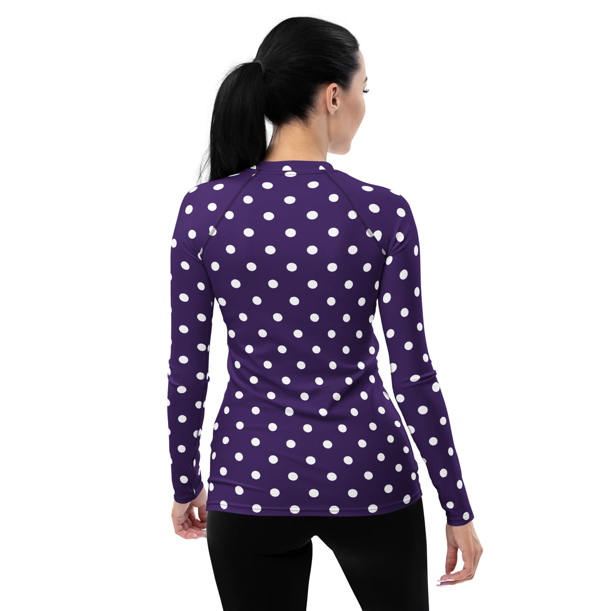 Women's Dark Purple Polka Dot Long Sleeve Rash Guard Swim Shirt – Buttery Soft, Sun Safe UPF 50+ Protection, Quick Dry & 4-Way Stretch Comfort