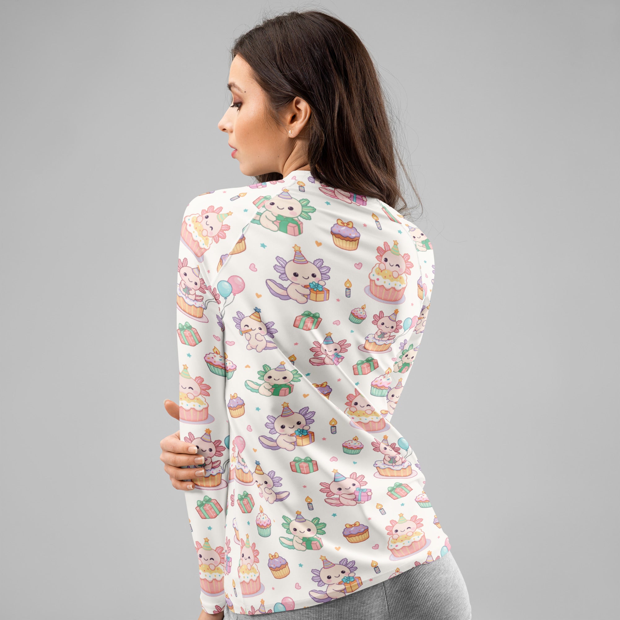 Women's Axolotl Birthday Long Sleeve Rash Guard Swim Shirt – Buttery Soft, Sun Safe UPF 50+ Protection, Quick Dry & 4-Way Stretch Comfort
