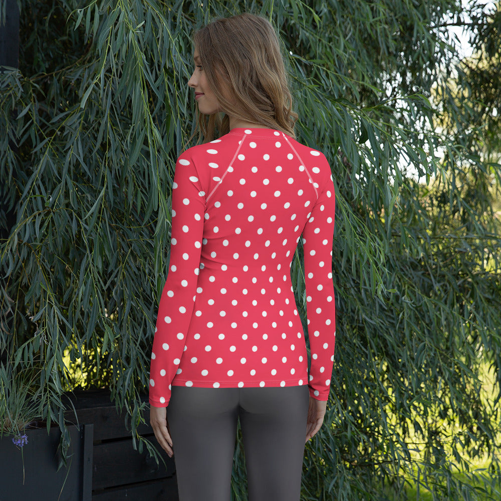 Women's Bright Pink Polka Dot Long Sleeve Rash Guard Swim Shirt – Buttery Soft, Sun Safe UPF 50+ Protection, Quick Dry & 4-Way Stretch Comfort