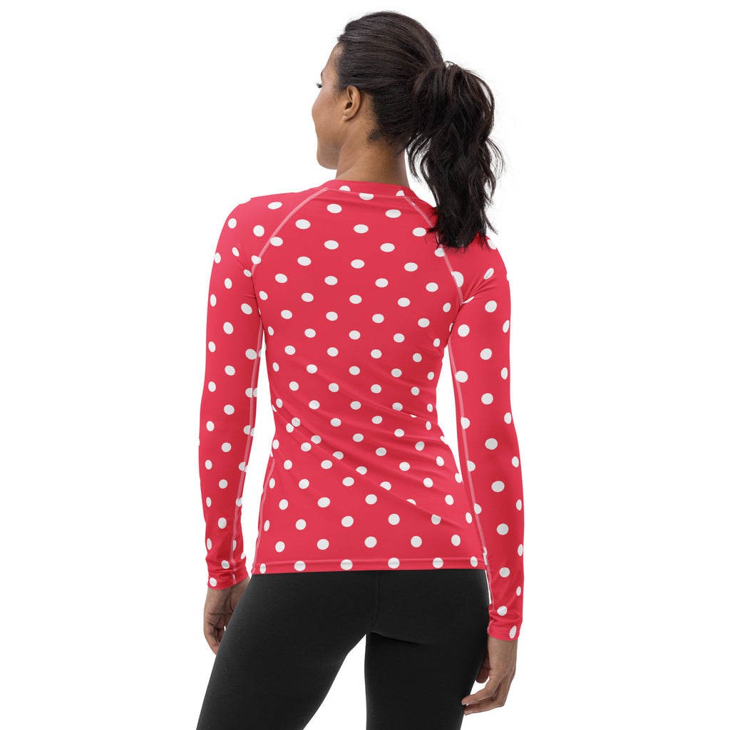 Women's Bright Pink Polka Dot Long Sleeve Rash Guard Swim Shirt – Buttery Soft, Sun Safe UPF 50+ Protection, Quick Dry & 4-Way Stretch Comfort