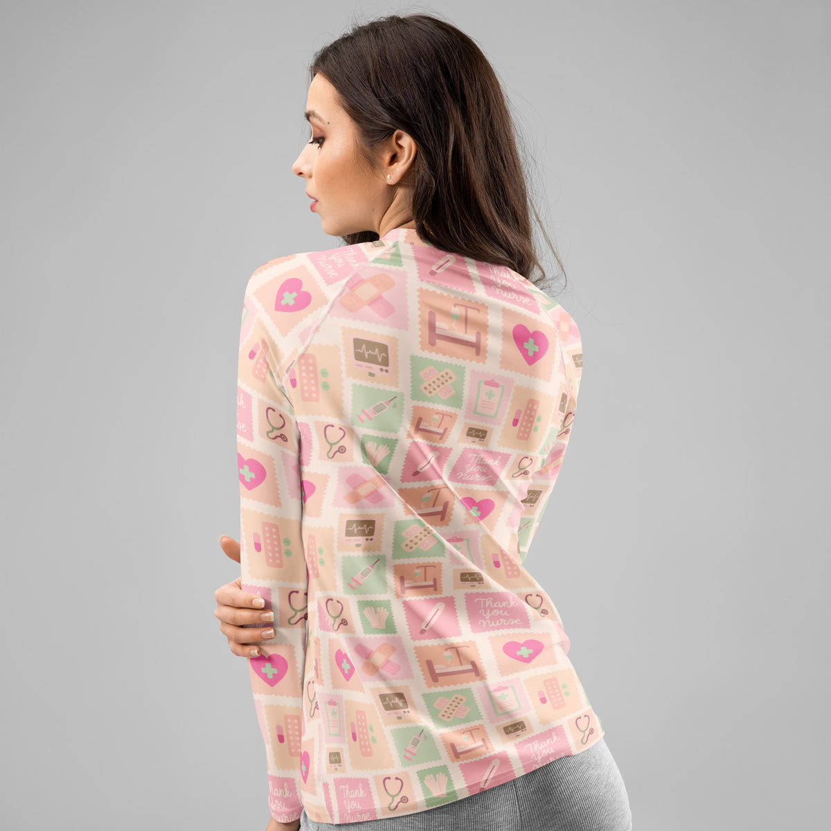 Women's Pink Nurse Icon Long Sleeve Rash Guard Swim Shirt – Buttery Soft, Sun Safe UPF 50+ Protection, Quick Dry & 4-Way Stretch Comfort