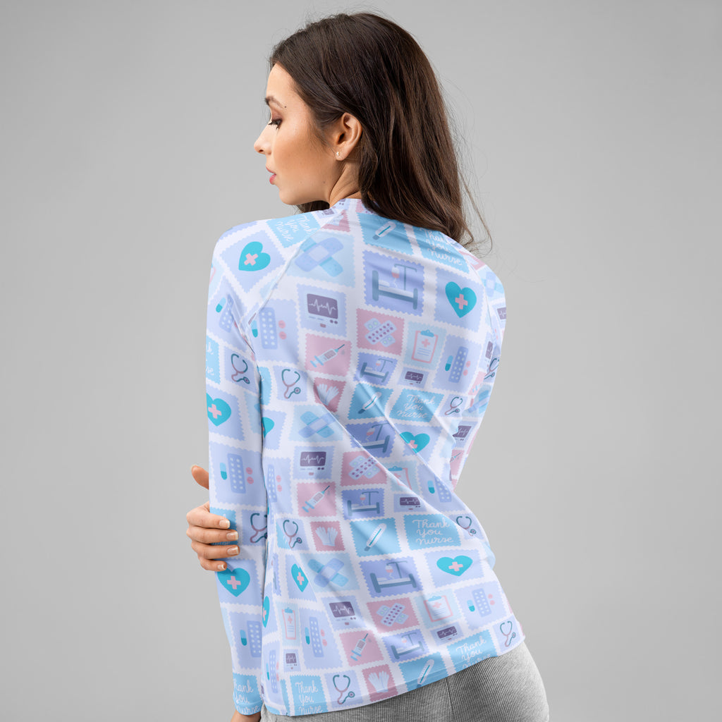 Women's Blue Nurse Icon Long Sleeve Rash Guard Swim Shirt – Buttery Soft, Sun Safe UPF 50+ Protection, Quick Dry & 4-Way Stretch Comfort