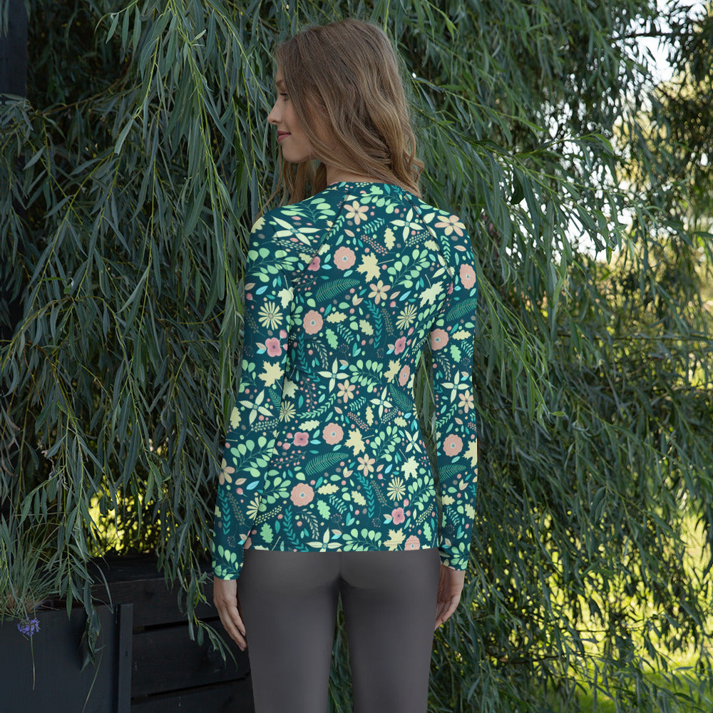 Women's Dark Green Floral Long Sleeve Rash Guard Swim Shirt – Buttery Soft, Sun Safe UPF 50+ Protection, Quick Dry & 4-Way Stretch Comfort