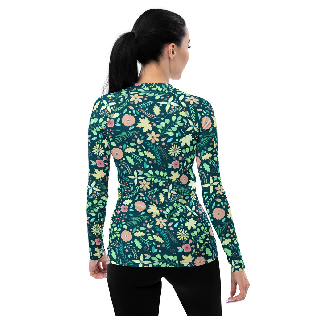 Women's Dark Green Floral Long Sleeve Rash Guard Swim Shirt – Buttery Soft, Sun Safe UPF 50+ Protection, Quick Dry & 4-Way Stretch Comfort