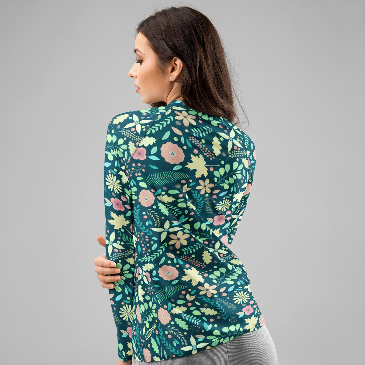 Women's Dark Green Floral Long Sleeve Rash Guard Swim Shirt – Buttery Soft, Sun Safe UPF 50+ Protection, Quick Dry & 4-Way Stretch Comfort
