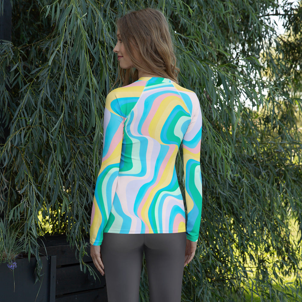 Women's Abstract Green Wavy Stripes Long Sleeve Rash Guard Swim Shirt – Buttery Soft, Sun Safe UPF 50+ Protection, Quick Dry & 4-Way Stretch Comfort