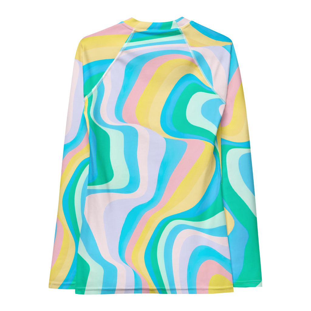 Women's Abstract Green Wavy Stripes Long Sleeve Rash Guard Swim Shirt – Buttery Soft, Sun Safe UPF 50+ Protection, Quick Dry & 4-Way Stretch Comfort