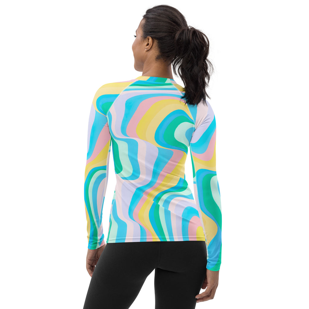 Women's Abstract Green Wavy Stripes Long Sleeve Rash Guard Swim Shirt – Buttery Soft, Sun Safe UPF 50+ Protection, Quick Dry & 4-Way Stretch Comfort