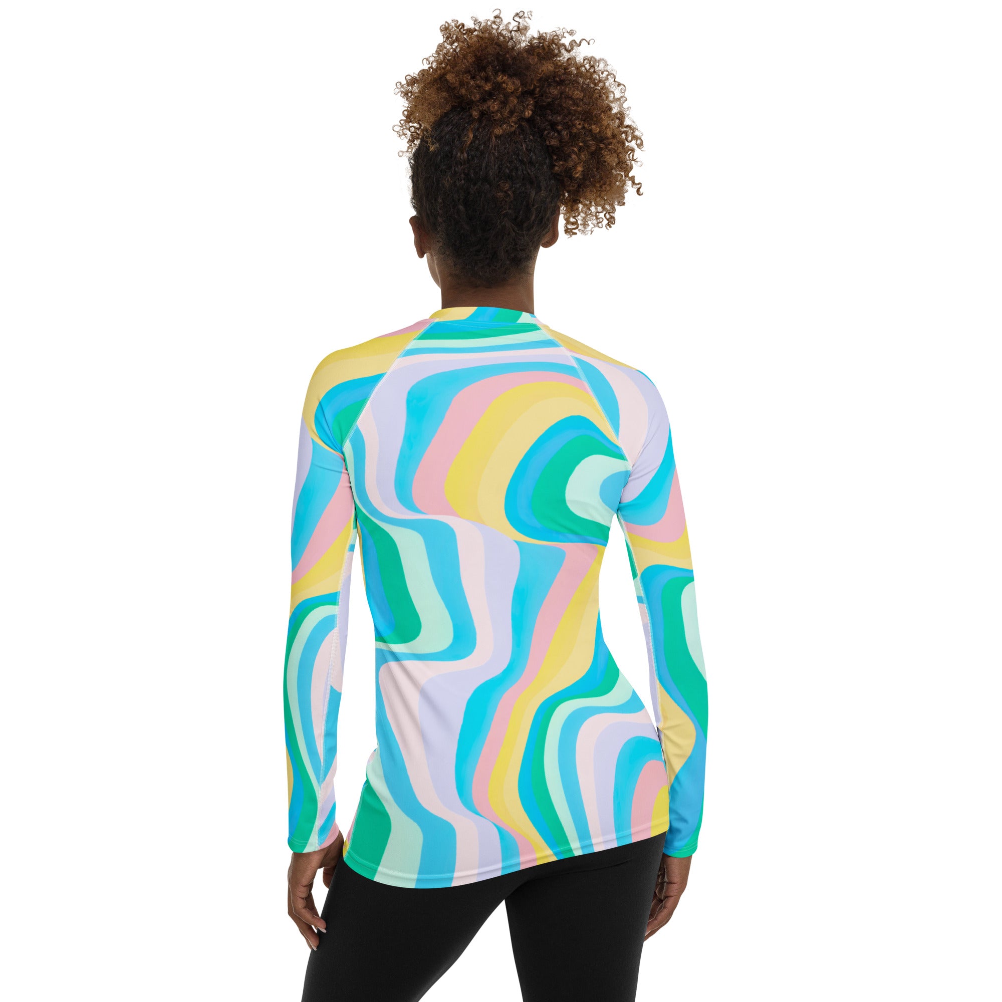 Women's Abstract Green Wavy Stripes Long Sleeve Rash Guard Swim Shirt – Buttery Soft, Sun Safe UPF 50+ Protection, Quick Dry & 4-Way Stretch Comfort