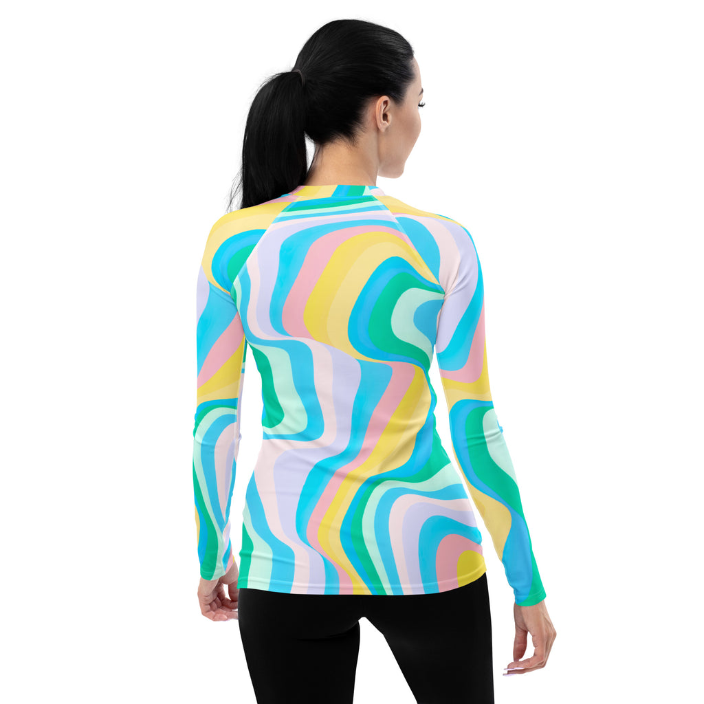 Women's Abstract Green Wavy Stripes Long Sleeve Rash Guard Swim Shirt – Buttery Soft, Sun Safe UPF 50+ Protection, Quick Dry & 4-Way Stretch Comfort