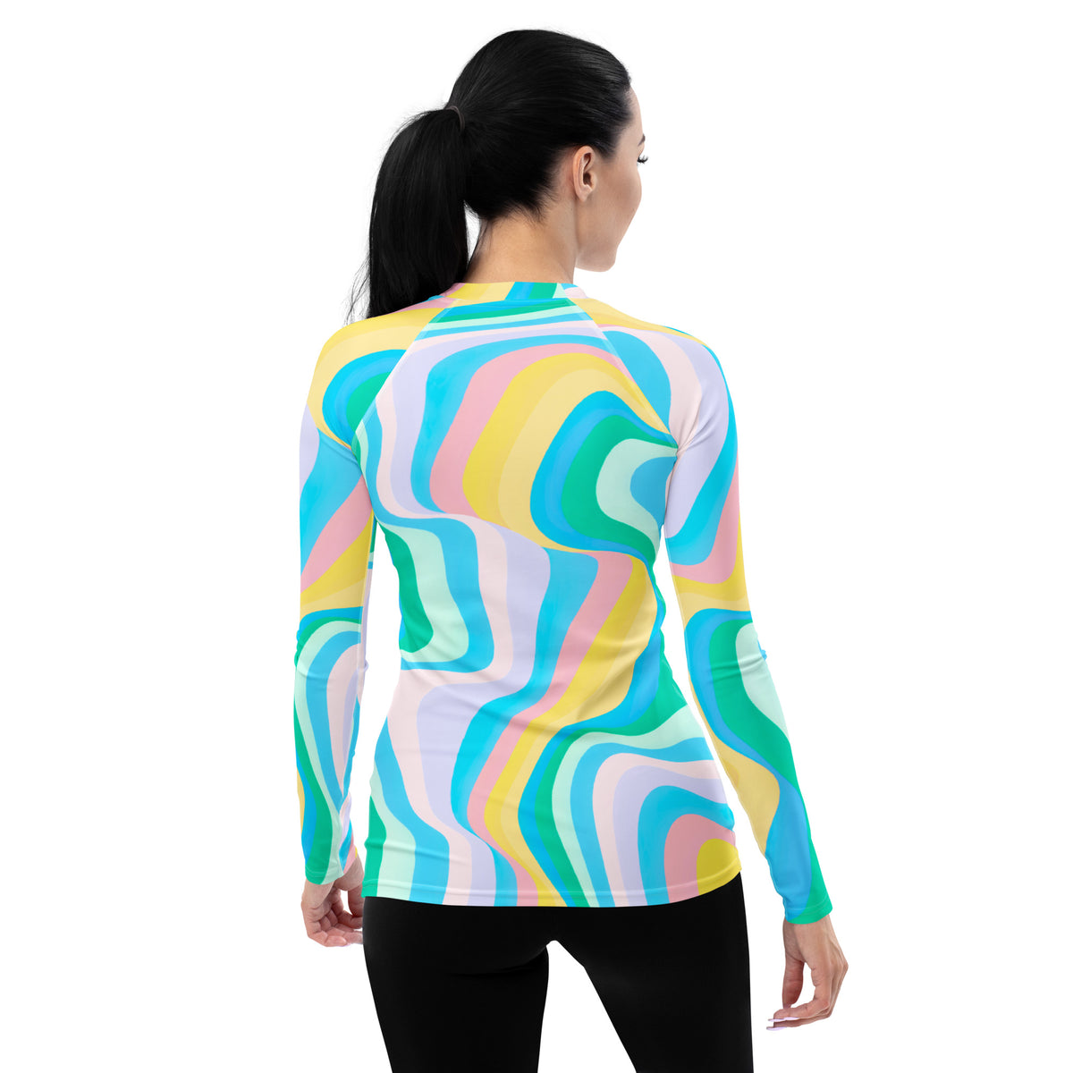 Women's Abstract Green Wavy Stripes Long Sleeve Rash Guard Swim Shirt – Buttery Soft, Sun Safe UPF 50+ Protection, Quick Dry & 4-Way Stretch Comfort