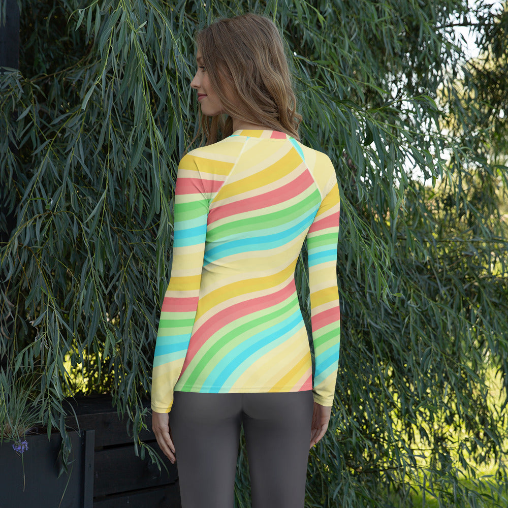 Women's Summer Rainbow Wave Long Sleeve Rash Guard Swim Shirt – Buttery Soft, Sun Safe UPF 50+ Protection, Quick Dry & 4-Way Stretch Comfort