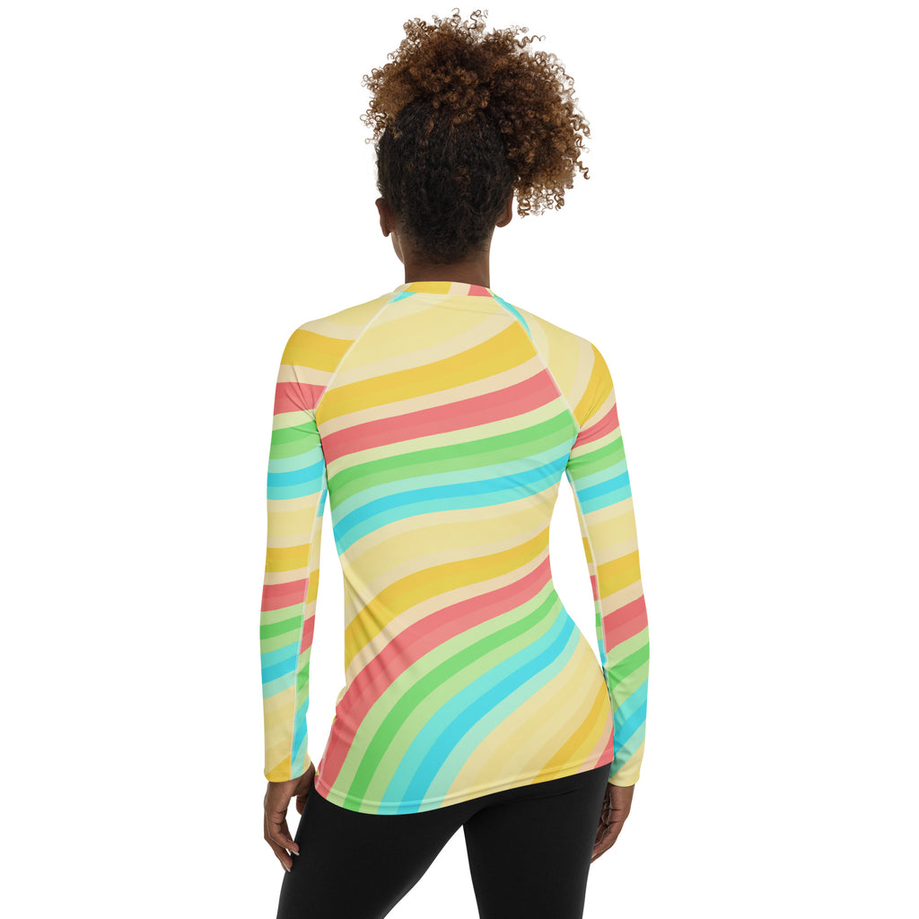 Women's Summer Rainbow Wave Long Sleeve Rash Guard Swim Shirt – Buttery Soft, Sun Safe UPF 50+ Protection, Quick Dry & 4-Way Stretch Comfort