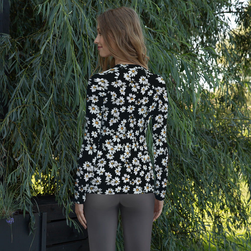 Women's Black Daisy Long Sleeve Rash Guard Swim Shirt – Buttery Soft, Sun Safe UPF 50+ Protection, Quick Dry & 4-Way Stretch Comfort