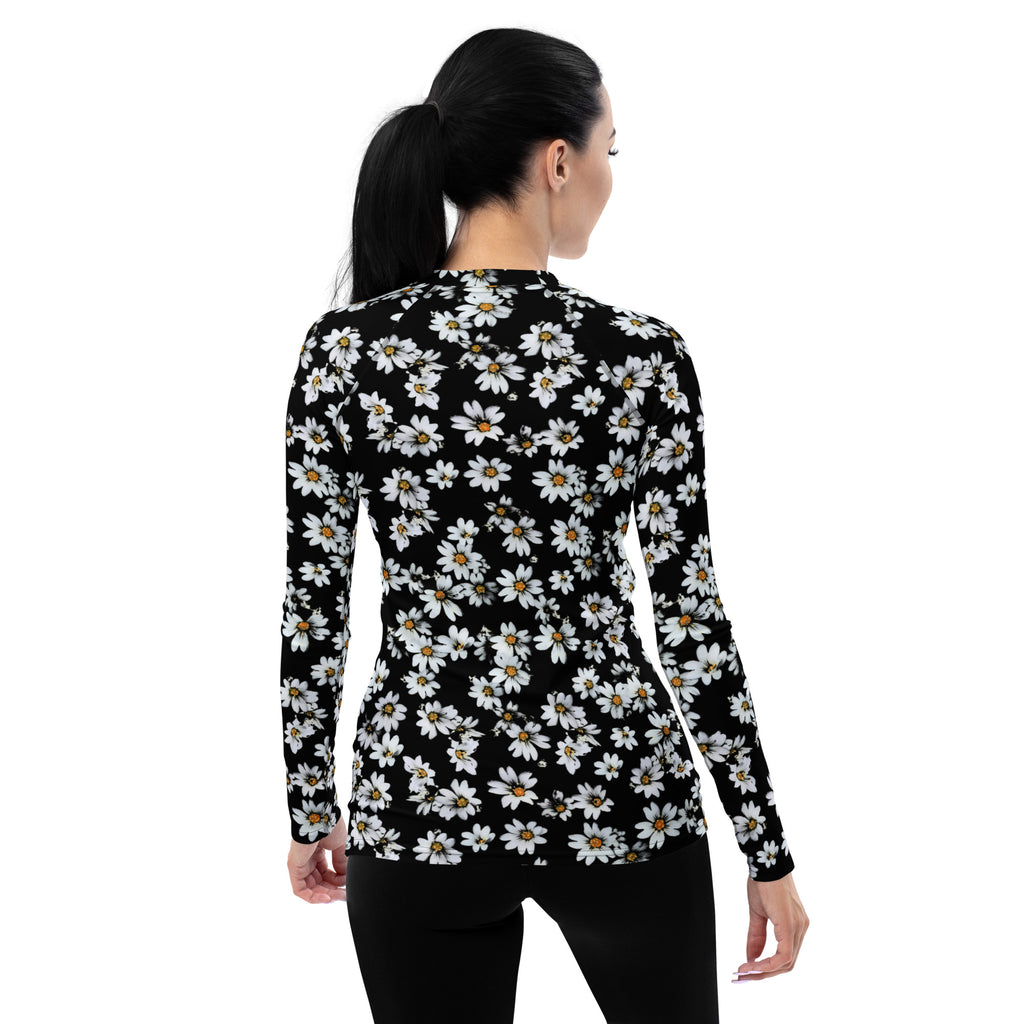 Women's Black Daisy Long Sleeve Rash Guard Swim Shirt – Buttery Soft, Sun Safe UPF 50+ Protection, Quick Dry & 4-Way Stretch Comfort