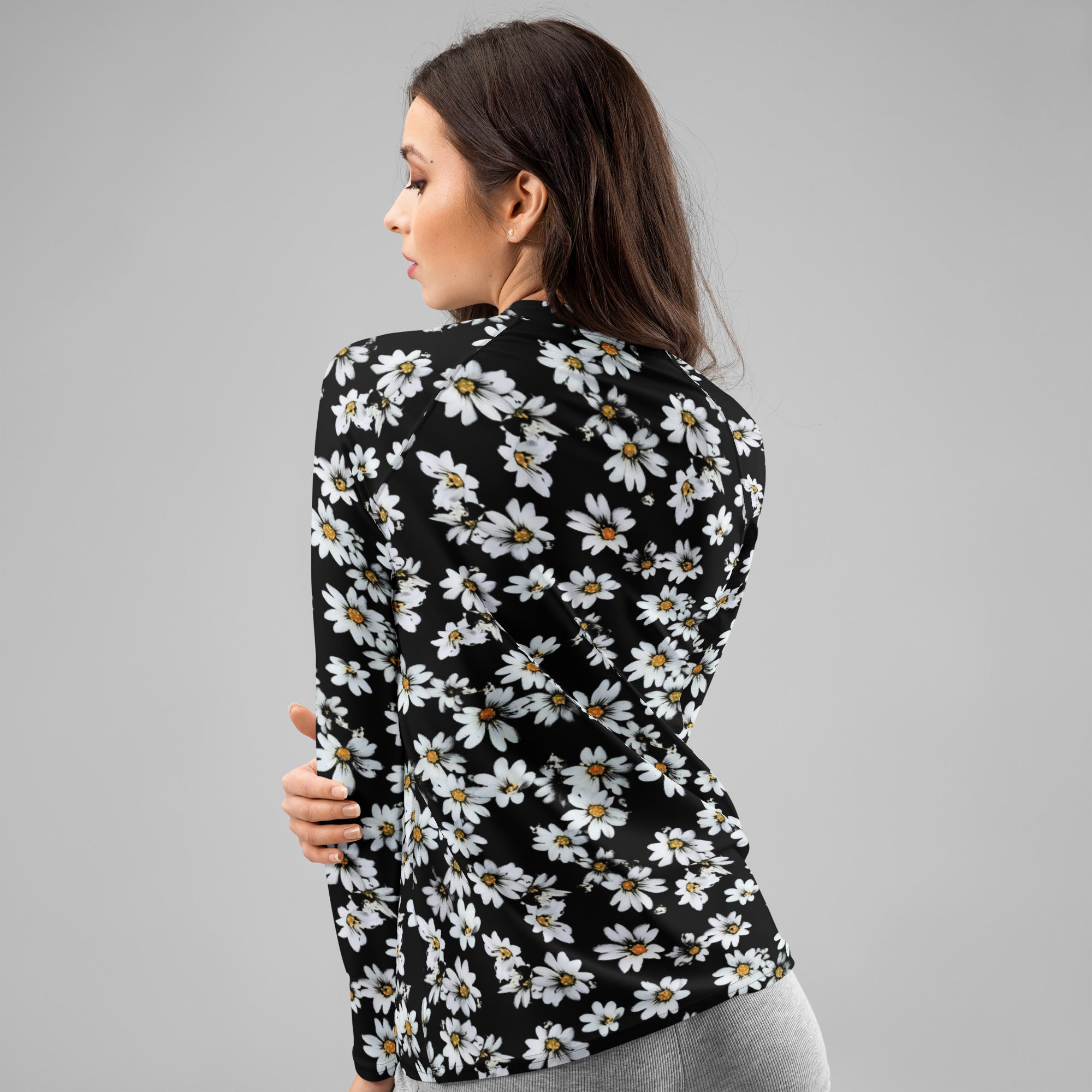 Women's Black Daisy Long Sleeve Rash Guard Swim Shirt – Buttery Soft, Sun Safe UPF 50+ Protection, Quick Dry & 4-Way Stretch Comfort