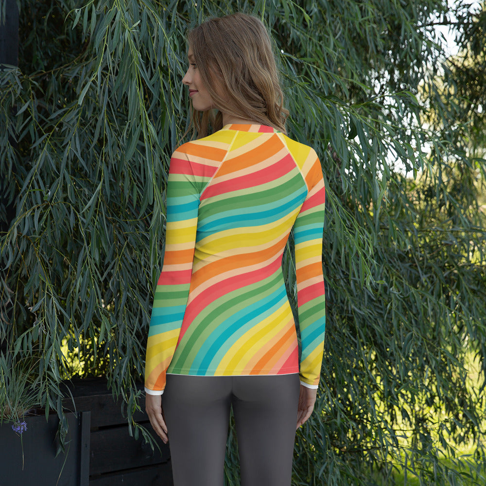 Women's Retro Rainbow Wave Long Sleeve Rash Guard Swim Shirt – Buttery Soft, Sun Safe UPF 50+ Protection, Quick Dry & 4-Way Stretch Comfort