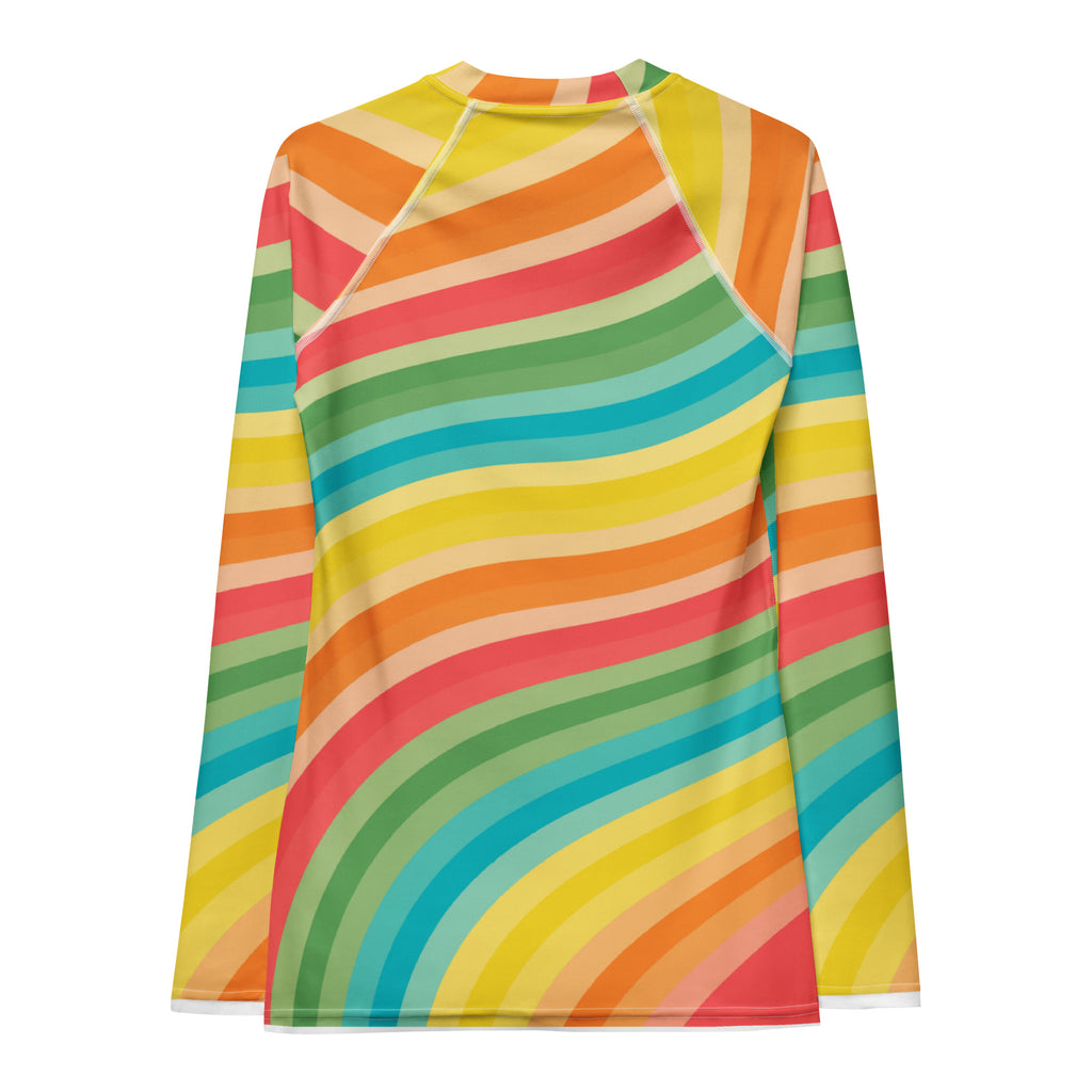 Women's Retro Rainbow Wave Long Sleeve Rash Guard Swim Shirt – Buttery Soft, Sun Safe UPF 50+ Protection, Quick Dry & 4-Way Stretch Comfort