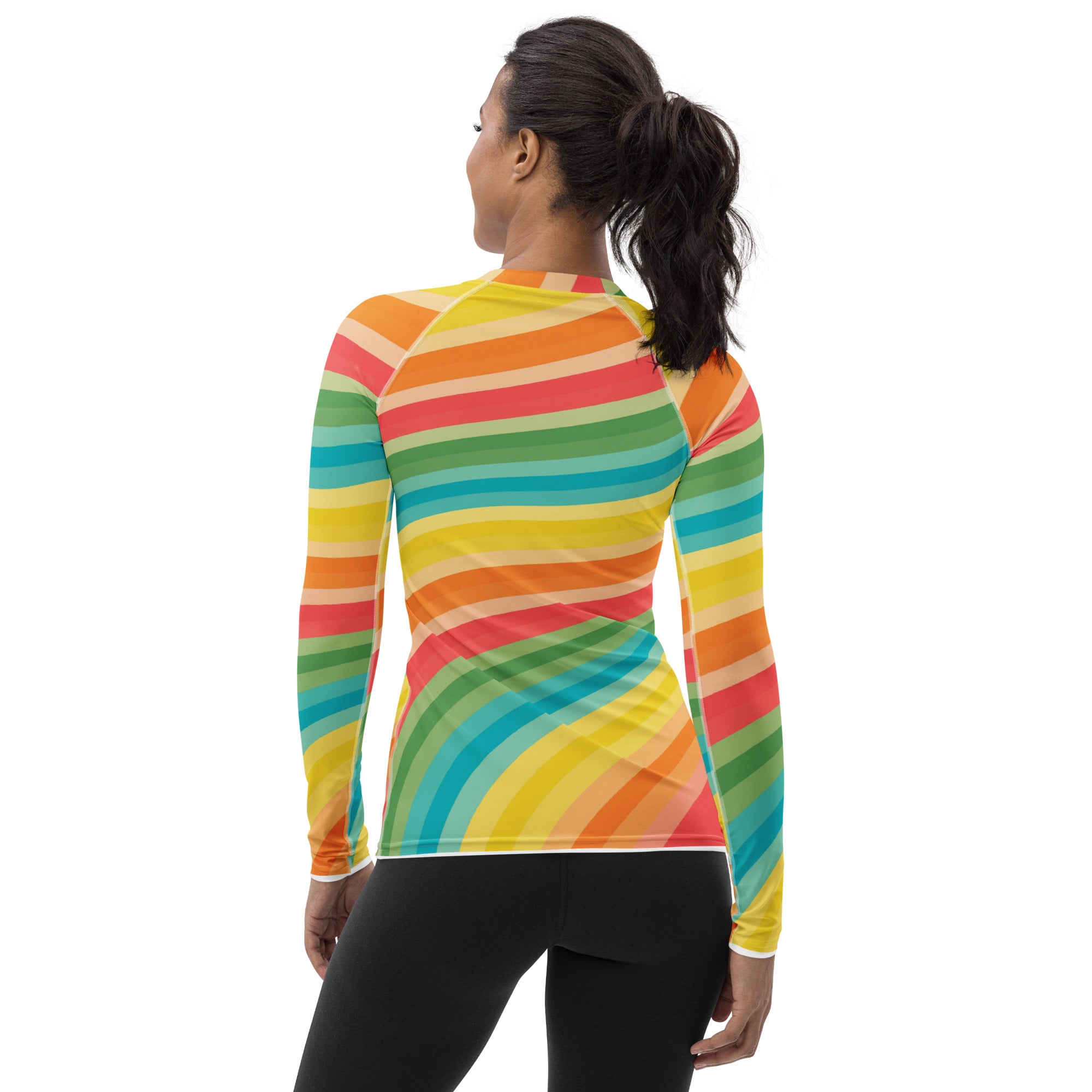 Women's Retro Rainbow Wave Long Sleeve Rash Guard Swim Shirt – Buttery Soft, Sun Safe UPF 50+ Protection, Quick Dry & 4-Way Stretch Comfort