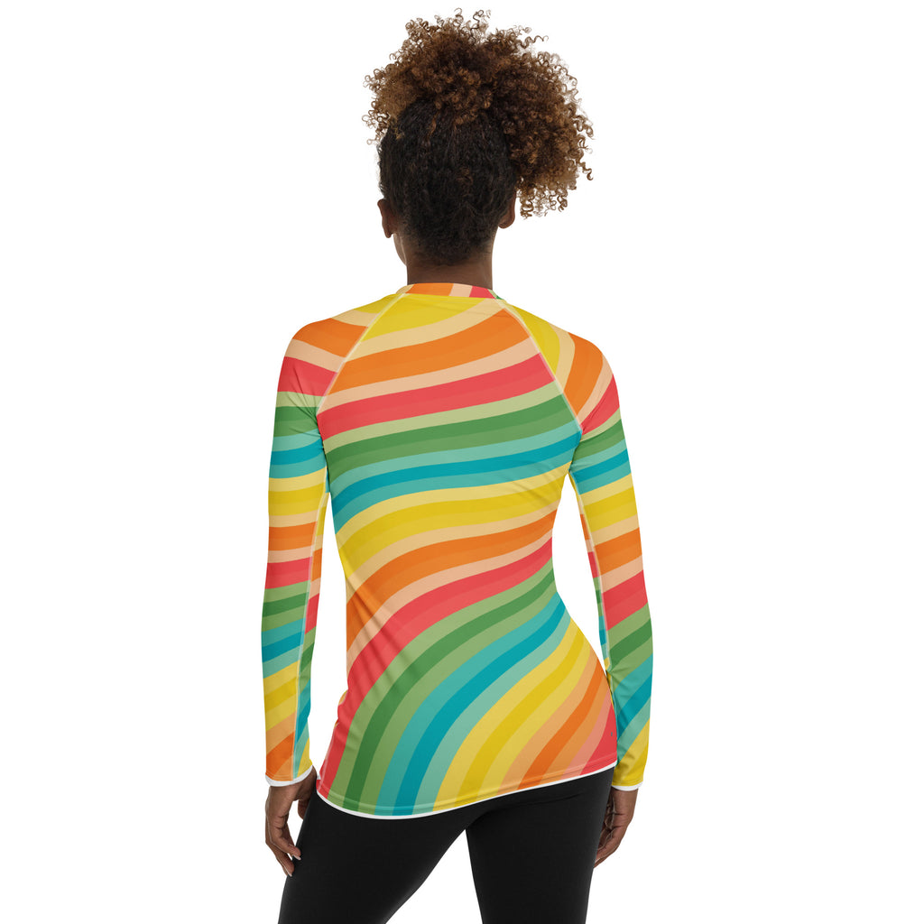 Women's Retro Rainbow Wave Long Sleeve Rash Guard Swim Shirt – Buttery Soft, Sun Safe UPF 50+ Protection, Quick Dry & 4-Way Stretch Comfort