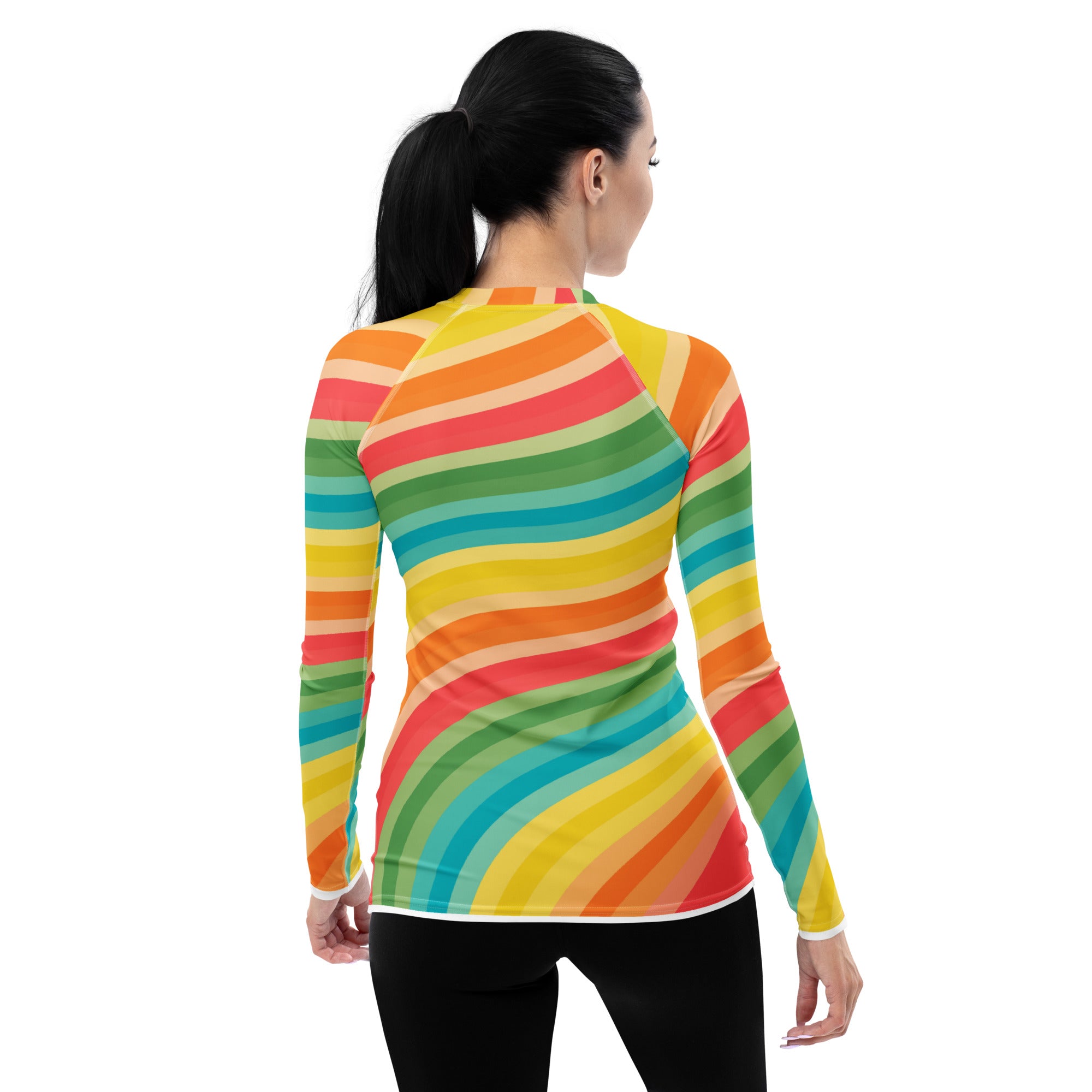 Women's Retro Rainbow Wave Long Sleeve Rash Guard Swim Shirt – Buttery Soft, Sun Safe UPF 50+ Protection, Quick Dry & 4-Way Stretch Comfort
