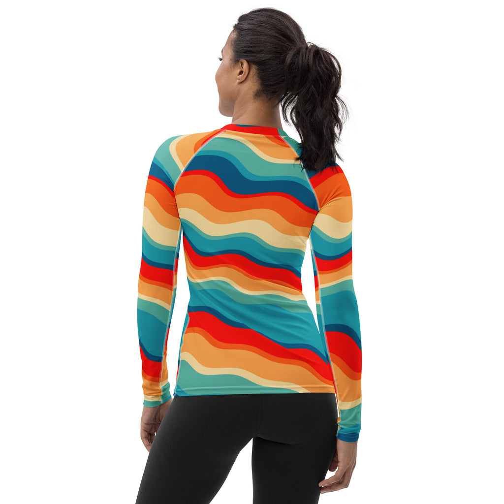 Women's Retro Wavy Stripe Long Sleeve Rash Guard Swim Shirt – Buttery Soft, Sun Safe UPF 50+ Protection, Quick Dry & 4-Way Stretch Comfort