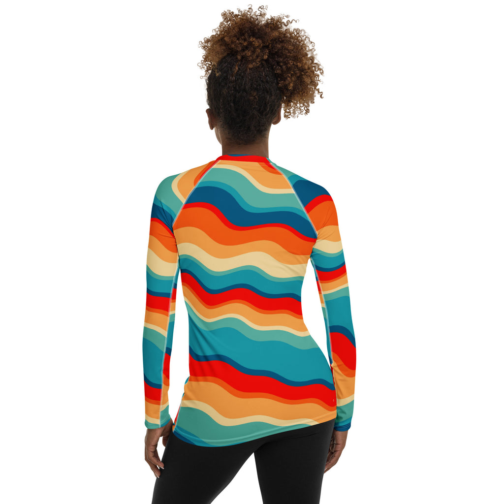Women's Retro Wavy Stripe Long Sleeve Rash Guard Swim Shirt – Buttery Soft, Sun Safe UPF 50+ Protection, Quick Dry & 4-Way Stretch Comfort