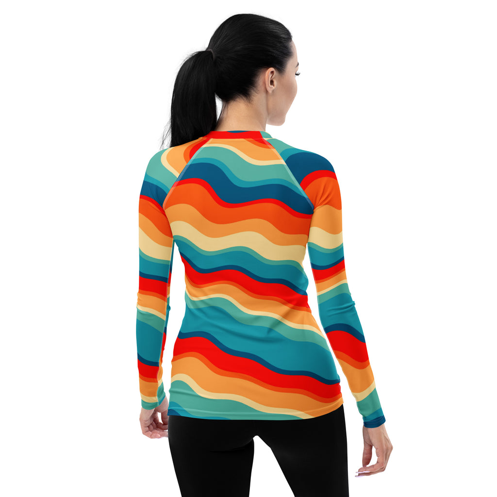 Women's Retro Wavy Stripe Long Sleeve Rash Guard Swim Shirt – Buttery Soft, Sun Safe UPF 50+ Protection, Quick Dry & 4-Way Stretch Comfort