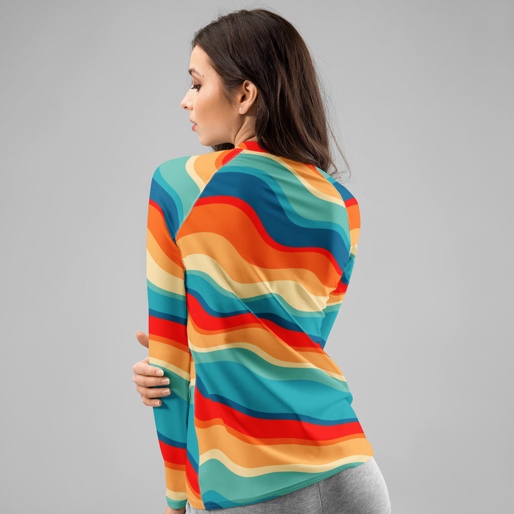 Women's Retro Wavy Stripe Long Sleeve Rash Guard Swim Shirt – Buttery Soft, Sun Safe UPF 50+ Protection, Quick Dry & 4-Way Stretch Comfort
