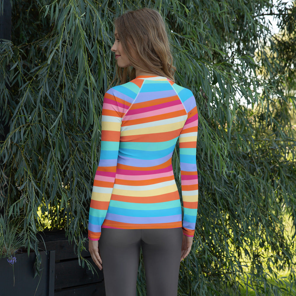 Women's Colorful Wavy Sand Stripe Long Sleeve Rash Guard Swim Shirt – Buttery Soft, Sun Safe UPF 50+ Protection, Quick Dry & 4-Way Stretch Comfort