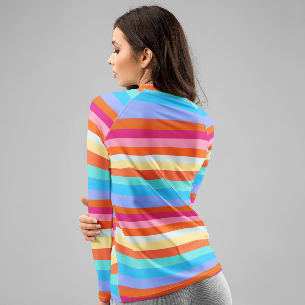 Women's Colorful Wavy Sand Stripe Long Sleeve Rash Guard Swim Shirt – Buttery Soft, Sun Safe UPF 50+ Protection, Quick Dry & 4-Way Stretch Comfort