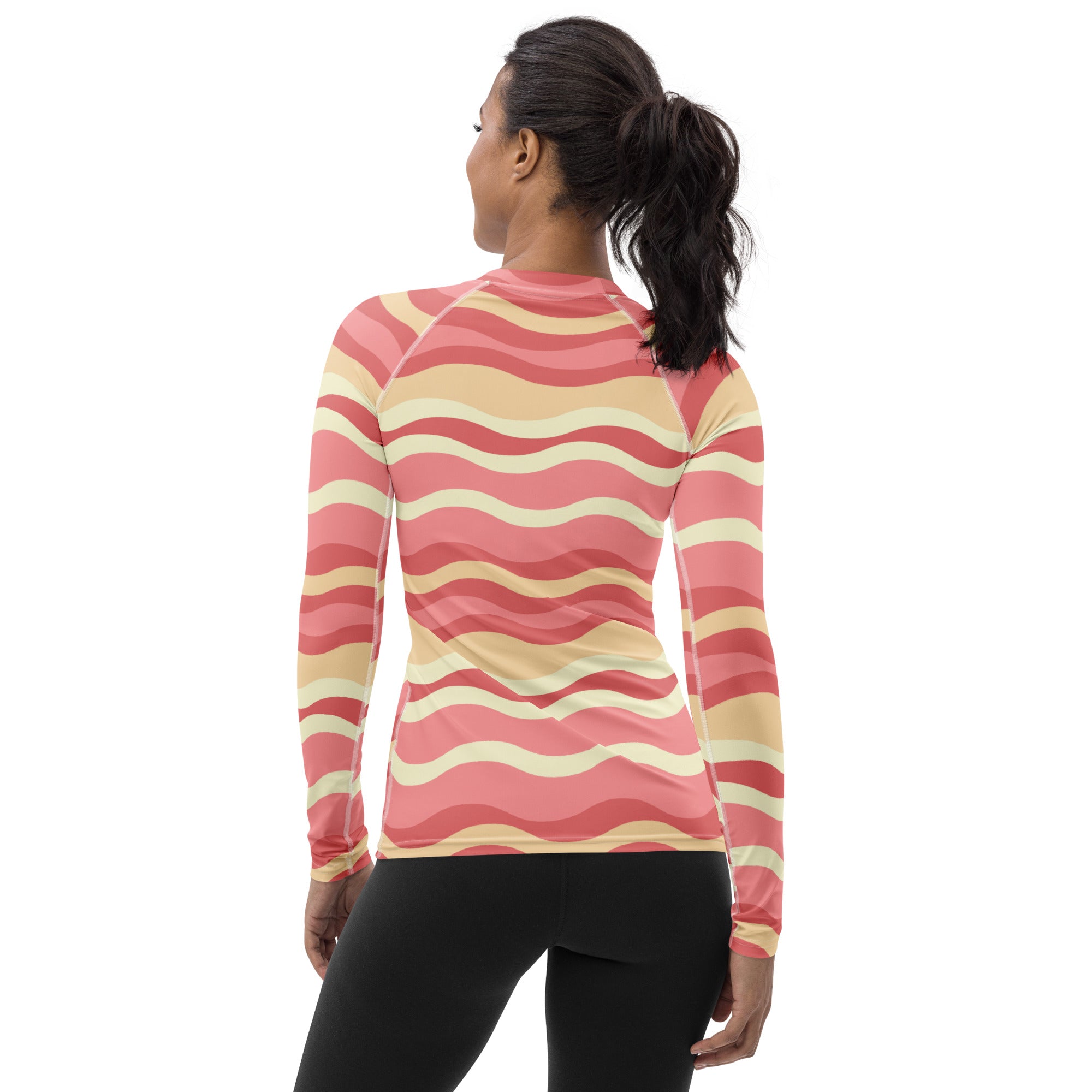 Women's Pink Wavy Stripe Long Sleeve Rash Guard Swim Shirt – Buttery Soft, Sun Safe UPF 50+ Protection, Quick Dry & 4-Way Stretch Comfort