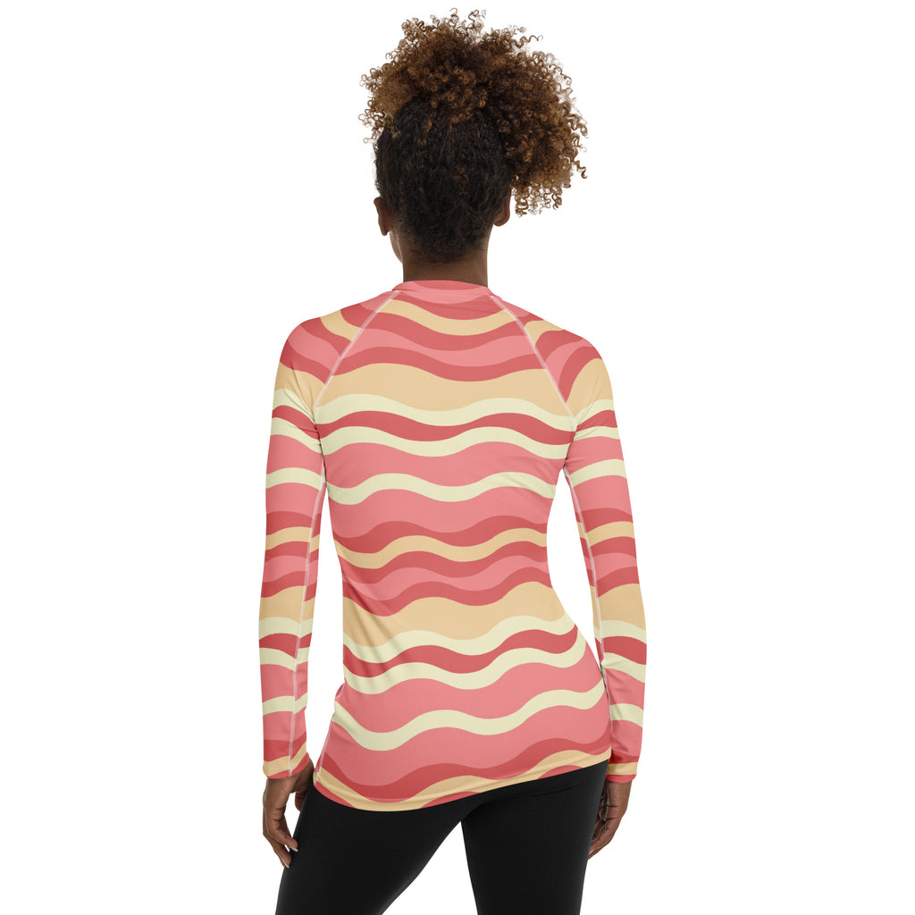 Women's Pink Wavy Stripe Long Sleeve Rash Guard Swim Shirt – Buttery Soft, Sun Safe UPF 50+ Protection, Quick Dry & 4-Way Stretch Comfort