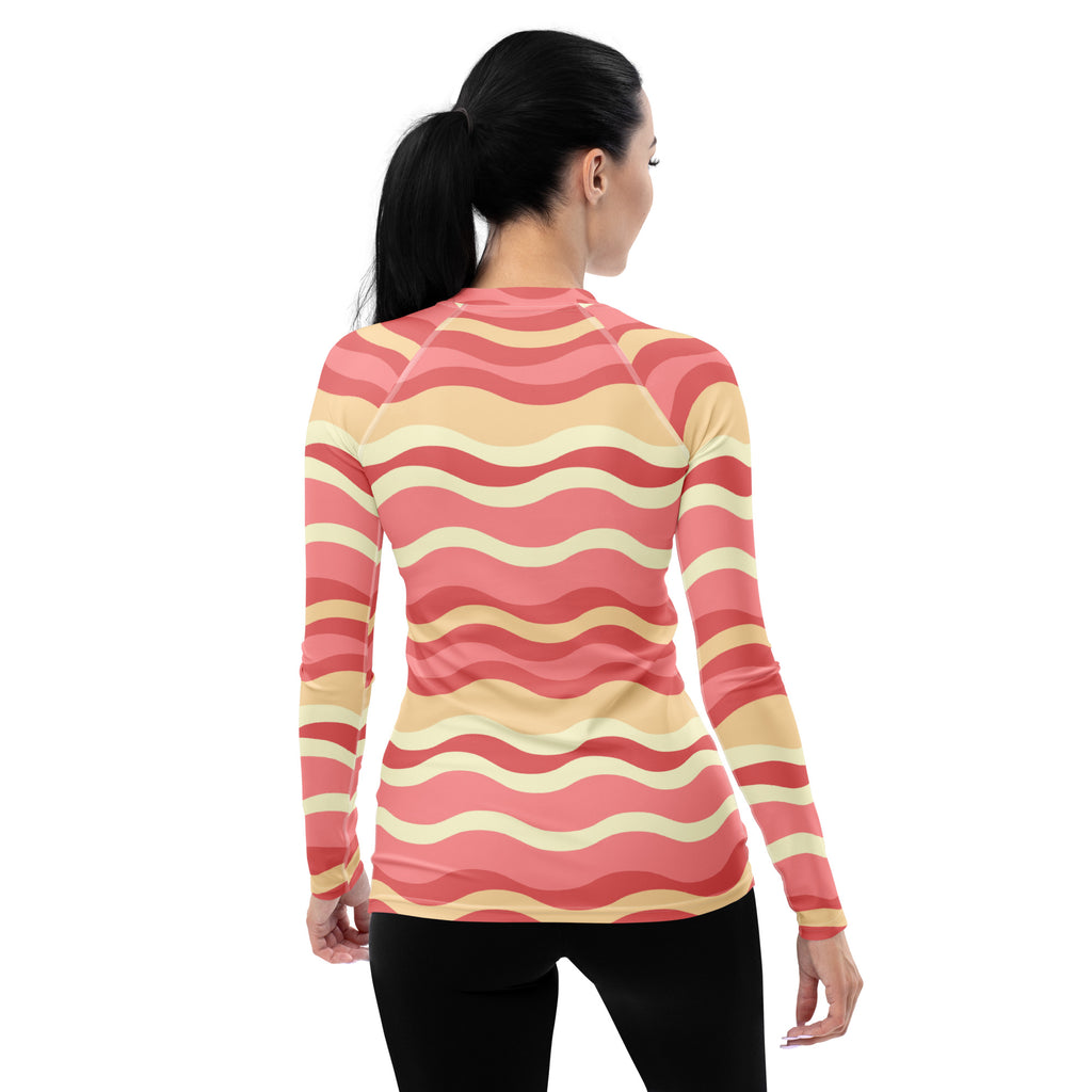 Women's Pink Wavy Stripe Long Sleeve Rash Guard Swim Shirt – Buttery Soft, Sun Safe UPF 50+ Protection, Quick Dry & 4-Way Stretch Comfort