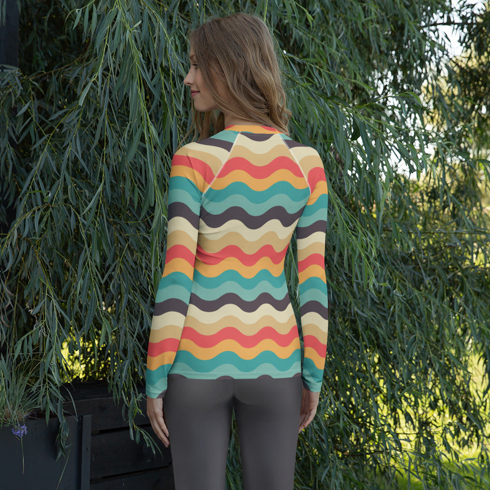 Women's Teal Coral Orange Wavy Stripe Long Sleeve Rash Guard Swim Shirt – Buttery Soft, Sun Safe UPF 50+ Protection, Quick Dry & 4-Way Stretch Comfort