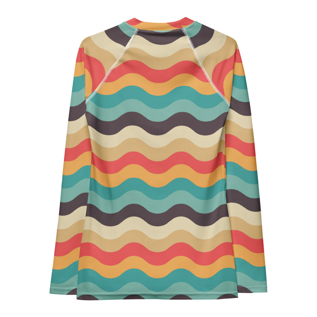 Women's Teal Coral Orange Wavy Stripe Long Sleeve Rash Guard Swim Shirt – Buttery Soft, Sun Safe UPF 50+ Protection, Quick Dry & 4-Way Stretch Comfort
