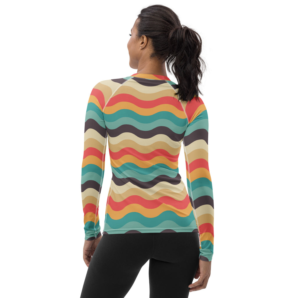 Women's Teal Coral Orange Wavy Stripe Long Sleeve Rash Guard Swim Shirt – Buttery Soft, Sun Safe UPF 50+ Protection, Quick Dry & 4-Way Stretch Comfort