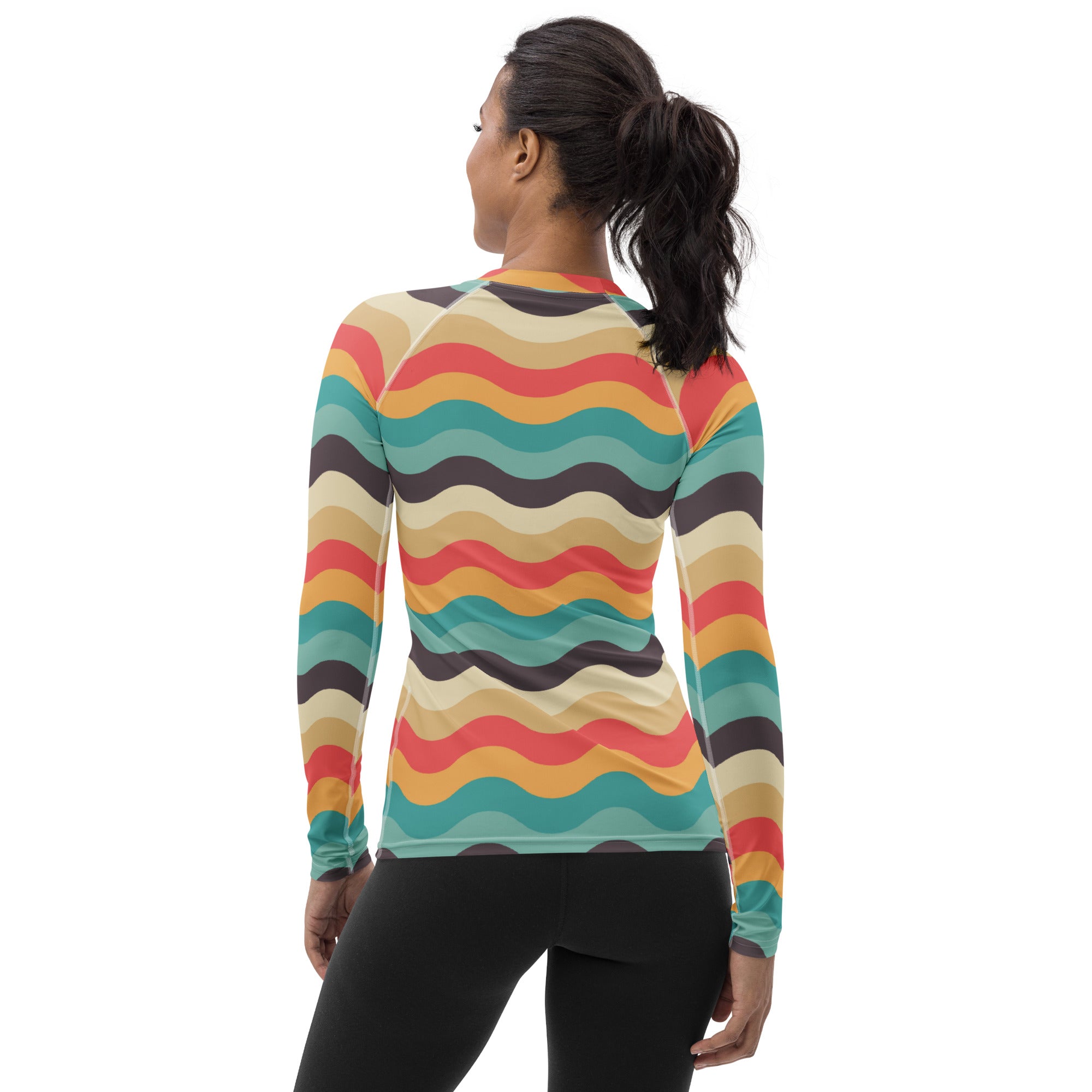 Women's Teal Coral Orange Wavy Stripe Long Sleeve Rash Guard Swim Shirt – Buttery Soft, Sun Safe UPF 50+ Protection, Quick Dry & 4-Way Stretch Comfort
