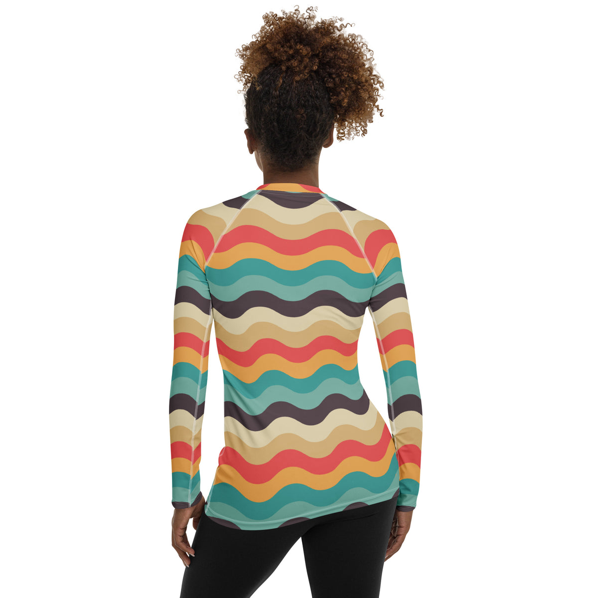 Women's Teal Coral Orange Wavy Stripe Long Sleeve Rash Guard Swim Shirt – Buttery Soft, Sun Safe UPF 50+ Protection, Quick Dry & 4-Way Stretch Comfort